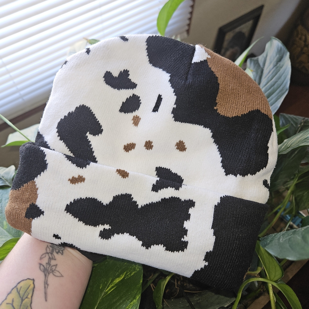 Cow Print Knit Beanie Hat in Black, White & Brown